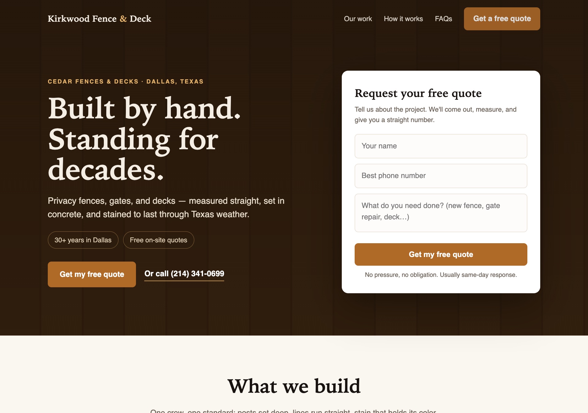 Screenshot of a dark brown, elegant fence company website with a quote request form